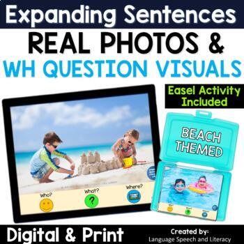 Preview of Summer Speech Therapy Picture Scenes, WH Questions Visuals, Expand Sentences