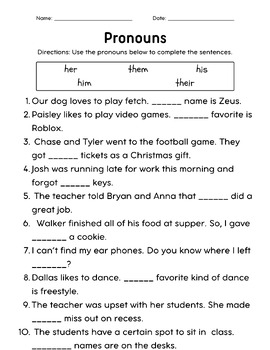 Preview of Pronouns Worksheet