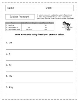 Subject Pronouns Worksheets by Homework Hut | Teachers Pay Teachers