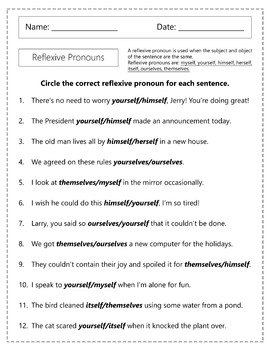 Reflexive Pronouns Worksheets by Homework Hut | Teachers Pay Teachers