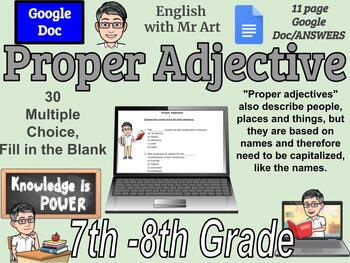 Preview of Proper Adjective - English - 30 Multiple Choice, Answers - 7th-8th grades 11 pgs