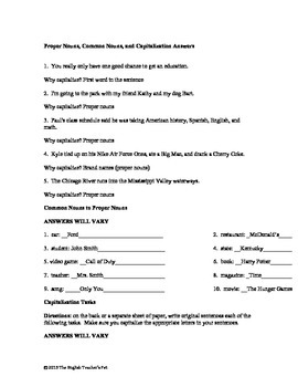 proper and common nouns worksheet and answer key by the english teacher