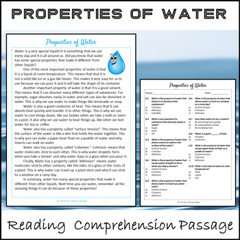 Preview of Properties Of Water Reading Comprehension Passage and Questions - Printable PDF