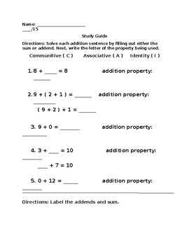 Preview of Properties of Addition Review