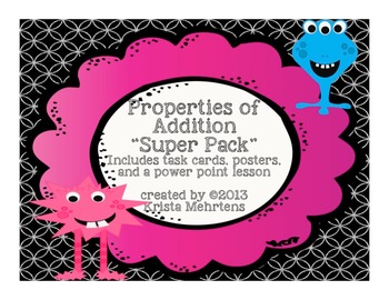 Preview of Properties of Addition Super Pack -task cards, powerpoint lesson, and posters