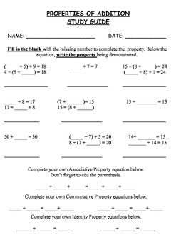 Properties of Addition Worksheets, Study Guide, and Test by Rachel Surovy