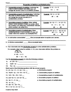 Preview of Properties of Addition and Multiplication Worksheet - Teaching and Practice