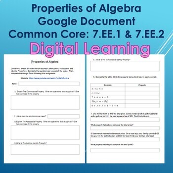 Preview of Properties of Algebra--Google Document--Distance Learning