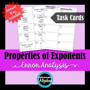 Preview of Properties of Exponents - Error Analysis - Task Cards