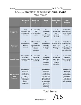 Preview of Properties of Exponents Mini Project Challenge; Scoring Rubric Too!