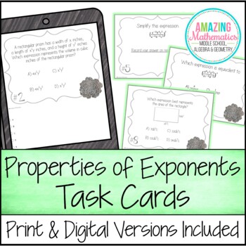 Preview of Properties of Exponents Task Cards - PDF & Digital