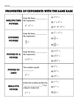 Preview of Properties of Exponents with the Same Base GUIDED NOTES Middle School Math