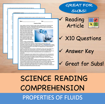 Preview of Properties of Fluids - Reading Passage and x 10 Questions (EDITABLE)