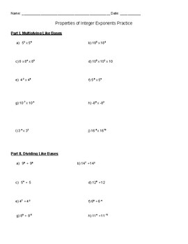 integer exponents practice and problem solving c answer key