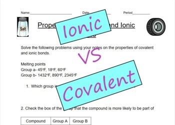 Preview of Properties of Ionic and Covalent Bonds Worksheet