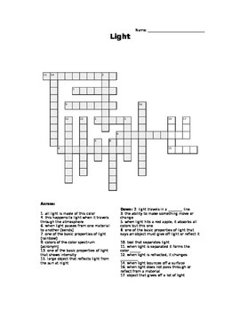 Properties of Light Crossword by Fantone #39 s Favorites TPT