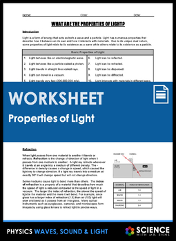 Preview of Light Properties Reflection Refraction Rainbows & Diffraction Worksheet