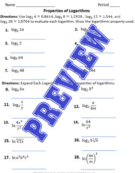 Properties of Logarithms Complete Lesson, Worksheet, & Key | TpT
