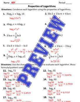 Properties of Logarithms Complete Lesson, Worksheet, & Key | TpT