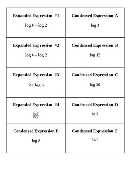 Preview of Properties of Logarithms Exploration - Matching Cards