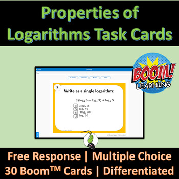 Preview of Properties of Logarithms Review Boom Digital Task Cards | Precalculus