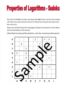 Preview of Properties of Logarithms - Sudoku puzzle