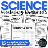 Properties of Matter Vocabulary Worksheets for 3rd, 4th, &
