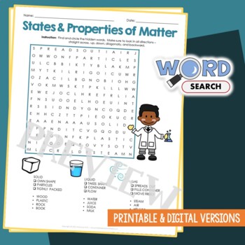 Preview of State & Property of Matter Word Search Puzzle Vocabulary 2nd 3rd Grade Worksheet