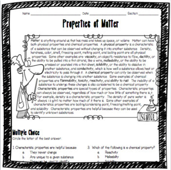 Preview of Properties of Matter Worksheet
