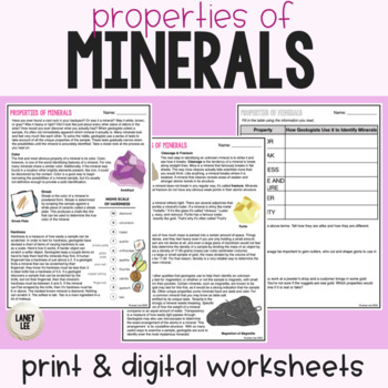 Preview of Properties of Minerals - Reading Comprehension Worksheets