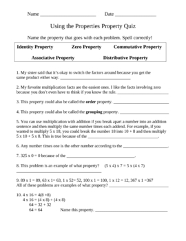 Preview of Properties of Multiplication Quiz
