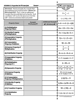 Preview of Properties of Numbers ALGEBRA 1 Cut-and-Paste Matching Quiz