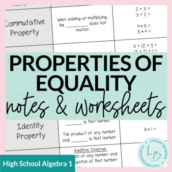 Preview of Properties of Numbers and Equality Notes and Worksheets