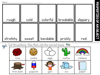 properties of objects worksheets cut and paste sorting activity