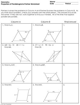 Parallelograms Partner Worksheet by Mrs E Teaches Math | TpT