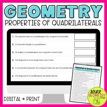 Properties of Quadrilaterals Digital and Printable Worksheet