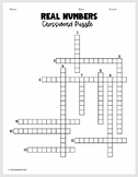 Properties of Real Numbers Crossword Puzzle for Algebra 1