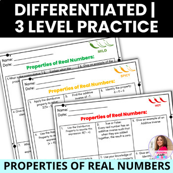 Preview of Properties of Real Numbers Differentiated 3 Levels Practice Quiz Worksheets