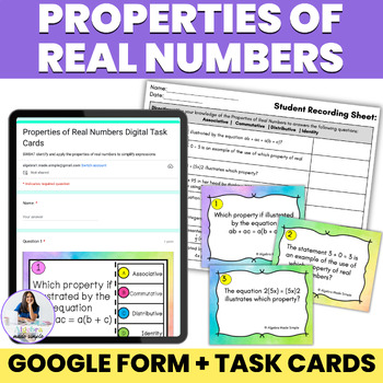Preview of Properties of Real Numbers Digital Google Form with Task Cards and Worksheet