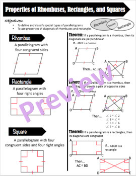 Preview of Properties of Rhombuses, Rectangles, and Squares Cheat Sheet 