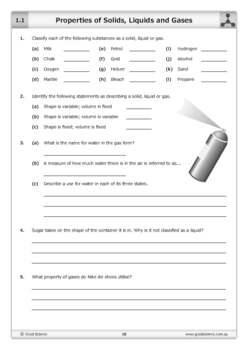 properties of solids liquids and gases worksheet by good science