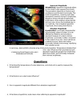 Preview of Properties of Stars (Size, Color, & Magnitude): Text, Images, & Assessment