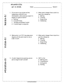 Preview of Properties of Water Homework, Warm-Up, Quiz