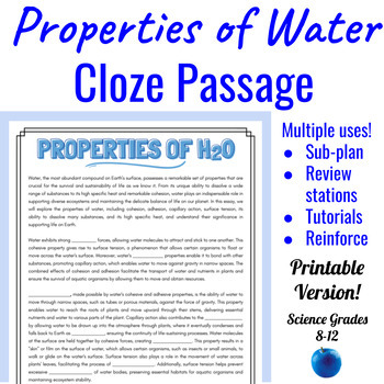 Preview of Properties of Water Reading Cloze + Word Bank Activity | Easy Plan | AP Biology