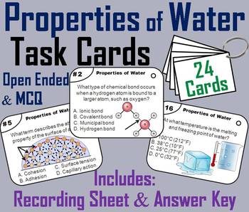 Preview of Properties of Water Task Cards Activity (Cohesion, Adhesion, Hydrogen Bonds etc)