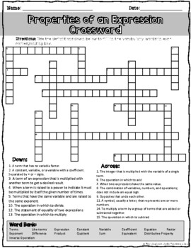 Properties of an Expression Vocabulary Crossword Puzzle Printable