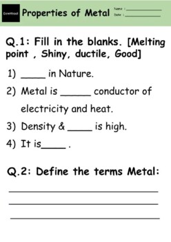 Preview of Properties of metal worksheet