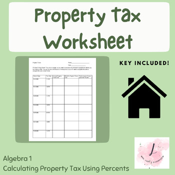 Preview of Property Tax Worksheet with Key - Algebra Calculating Percents