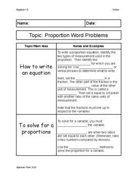 Preview of Proportion Word Problem Guided Notes