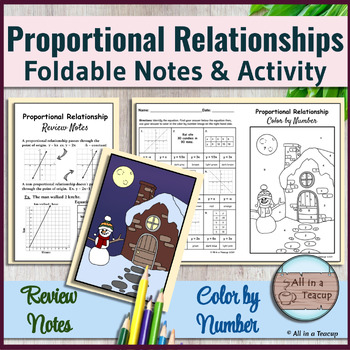 Preview of Proportional Relationship Equations Foldable Notes & Winter Color by Number